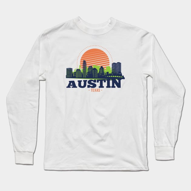 Retro Austin, Texas Skyline Long Sleeve T-Shirt by SLAG_Creative